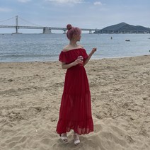 몰디브 오프숄더 캉캉 플레어 쉬폰 롱 원피스