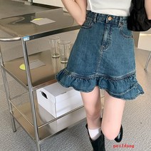 대형 프릴 데님 스커트 복고풍 지방 하이 웨이스트 슬림 울트라 쇼트 스커트 여성 봄과 여름