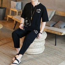 남자 레트로 여름 반팔 린넨 면마소재 개량 퓨전 한복 세트 투피스