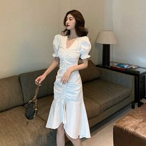 위위브렌 여성복 브이넥 흰색 퍼프 소매 주름 머메이드 원피스