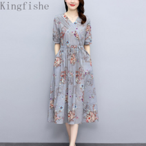 [Kingfishe]여름 반팔 린넨 원피스 빅사이즈 플라워 패턴 원피스 TuE808FEI808MMQ06