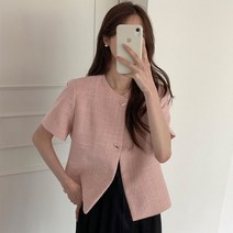 편안한 시크한 스타일 o-넥 싱글 로우 트위드 반팔 루즈핏 재킷 여성용 봄 여름 외투
