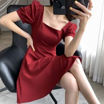 빨간색원피스 클래식 빅사이즈 여성 여름옷 벌룬소매 허리보정 슬림핏 스퀘어넥 짧은 2774850069
