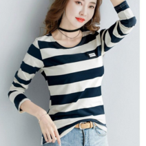 베러댓걸 여성용 가을 스트라이프 레터링 긴팔 티셔츠