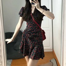빈티지 블랙 플라워 원피스 여름 반팔 브이넥 벌룬 스트링 스커트