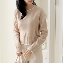 여자 라운드 세미크롭 봄 개강 배색 기본핏 니트