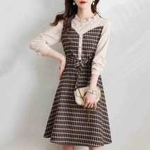 유럽 화물 2022 봄 블러킹 체크무늬 패치워크 슬림핏 스타일리쉬 심플 여성원피스