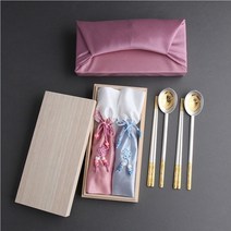수복금부은수저 2인용 24K 2벌 금도금 순도 99.9% 생신선물 혼수용수저 외국인선물 퇴직자선물 부모님생신선물, 핑크보자기, 1세트