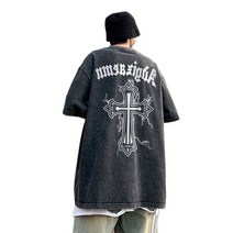 빈티지 반팔 티셔츠 염색 블랙 고딕 여름 남성 여성 유니섹스 의류 힙합 스타일 크로스 프린트 캐주얼 코튼