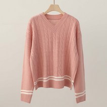 여성용 루즈핏 브이넥 러블리 꽈배기 에딕두줄꽈 니트