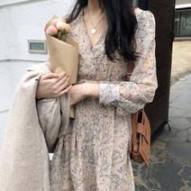 S~XL사이즈 러빈제이 잔꽃 주름 스트랩 끈 쉬폰 브이넥 롱원피스 봄신상 러빈제이