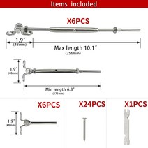 턴버클 6세트 케이블 난간 키트 1/8 "스웨이지 토글 턴버클 각도 180 ° 조절식 T316 스틸 목재 포스