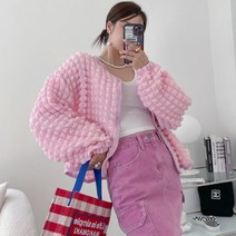 여자 봄 가을 볼륨 퍼프 버블 비비드 컬러 핑크 볼레로 가디건 데이트룩