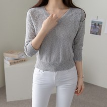 바이단미 여성용 봄 여름 가을 7부 소매 니트 폼폼 브이넥 니트