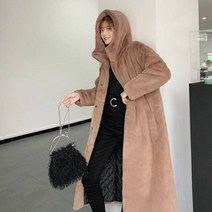 가바바 여성 코트 렉스 토끼 모피 잔디 후드 롱 코트 G40161