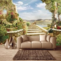 3d벽지 사진 명화 벽지 안방 거실 포인트 셀프 도배 벽 벽화 유럽 스타일 정원 건물 풍경 그림 침실 tv 배경 벽 162, 1㎡