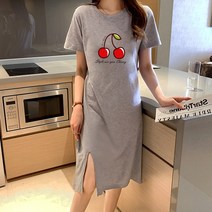 스타일아유 여성 반팔 옆트임 캐주얼 원피스 앵두 프린트 라운드 롱 원피스