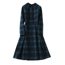 타탄체크원피스 여성 포인트 긴팔 카라 미디 그린