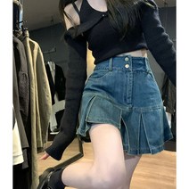 여름니트스커트 하이웨이스트 플리츠 데님스커트 여성 여름 플러스사이즈 군살mm 뱃살 커버 얇은 디자인 센스 A라인 백 힙 숏스커트