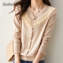 나바바 NK453 여성 사랑스러운 레이스 포인트 브이넥 니트