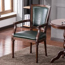 천연가죽 식탁의자 영국 엔틱 의자 빈티지 식탁 원목 클래식 프랑스, 짙은녹색 사각등받이 팔걸이