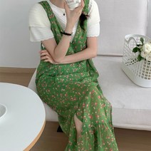 네추럴 그린 민소매 플라워 뷔스티에 끈나시 여름 롱 원피스 빅사이즈 임부 키큰여자