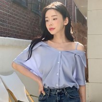 [바보사랑] 여성 여름 메치 오프숄더 카라 반팔 블라우스