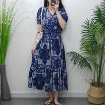 제이후 여름 편한 루즈핏 브이넥 허리끈 에스닉 페이즐리 패턴 셔링 플레어 반팔 롱 원피스