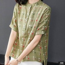 가바바 여성 빅사이즈 블라우스 사각 패턴 린넨 반팔 여름 블라우스 G62030