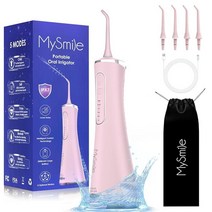 MySmile 치아용 워터 덴탈 플로서 무선 구강 세정기 5가지 세척 모드 교체 가능한 제트 팁 4가지 IPX 7 방수 USB 충전식 픽 치아 세척용 PU 가방 포함 블랙, Pink