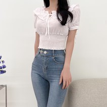 투디 페어리 리본 스모크 밴딩 프릴 크롭 블라우스