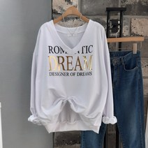 상상그이상 여성용 국내제작 드림 브이넥 맨투맨 호일 금박 레터링 포인트 늘어짐없는 루즈핏 코디하기 쉬운 데일리 티셔츠 가성비 좋은 롱맨투맨