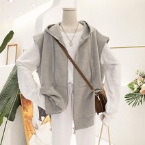 봄가을 얇은 후드 가디건 베스트 여성용 아우터 루즈핏 민소매 자겟 상의 맨투맨 티