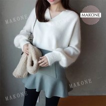Makone 상표등록 앙고라 V넥 소매 퍼프 러블리 니트