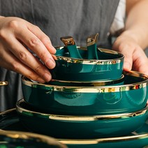 북유럽 에메랄드 그린 골드라인 그릇 접시 딥플레이트 2P 세트, 에메랄드 12인치 생선접시(2개)