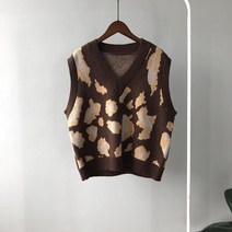복고풍 레트로 호피 무늬 니트 스웨터 조끼 베스트