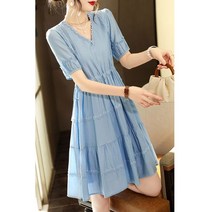 [이꾸띠] 고보갸시이리 여성 여름 원컬러 브이넥 레이스 무늬 무지 무릎길이 원피스