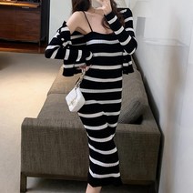 가로 줄무늬 끈나시 원피스 가디건 세트 데일리 코디
