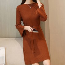 브라운 골지 원피스 나팔 소매 허리끈 니트 회사 편한 정장 하객 오피스룩 데일리 옷차림