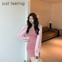 just feel!ng 여성용 핑크 긴팔 원피스 네크라인 퍼프 소매 슬림 힙스터 스커트 데이트원피스 가을원피스 하객원피스