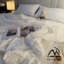 MOHEGIA 피크 솔리드 컬러 헤이즈 블루 시어서커 여름 이불 세트 기계 세탁 가능한 여름 시원한 이불 에어컨 얇은 이불