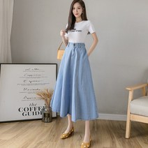 도니와 여성 기본 데님 롱스커트 플레어 청치마 몸매커버 예쁜핏 편한 데님 스커트 데일리룩 문센치마 여행패션 출근패션 연청 진청