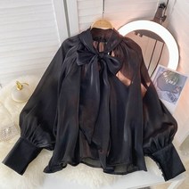 빅사이즈 2023 가을 여성 셔츠 나비 넥타이 칼라 레트로 버블 긴팔 우아한 블라우스