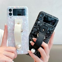 사은품/갤럭시 Z플립4 Z플립3 예쁜 조개 자개 무늬 패턴 디자인 진주 장식 핸드 그립 스트랩 실리콘 범퍼 핸드폰 케이스