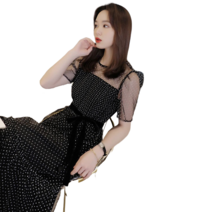 Fayou 프렌치 얇은 메쉬 레이스 업 허리 드레스