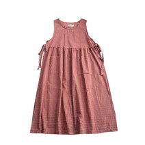 체크원피스 일본스타일 레이어드 선드레스 내추럴 밖에걸쳐입는스타일 민소매 원피스 린넨 체크 라운드넥 랩스커트 아트 가을 여성