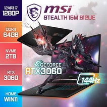 MSI 스텔스 Stealth 15M B12UE RTX3060 인텔 i7, WIN11 Home, 64GB, 2TB, 코어i7, 블랙