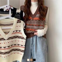 트루픽 지그재그 패턴 배색 브이넥 루즈핏 니트조끼 3color