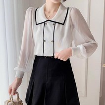 블랙 라인 배색 비치는 소매 카라 화이트 블라우스