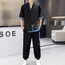 HUAQILIN 남자 여름 캐주얼 세트 생활개량 한복 빅 사이즈 여름 캐주얼 반팔 세트 M-4XL +선물 증정